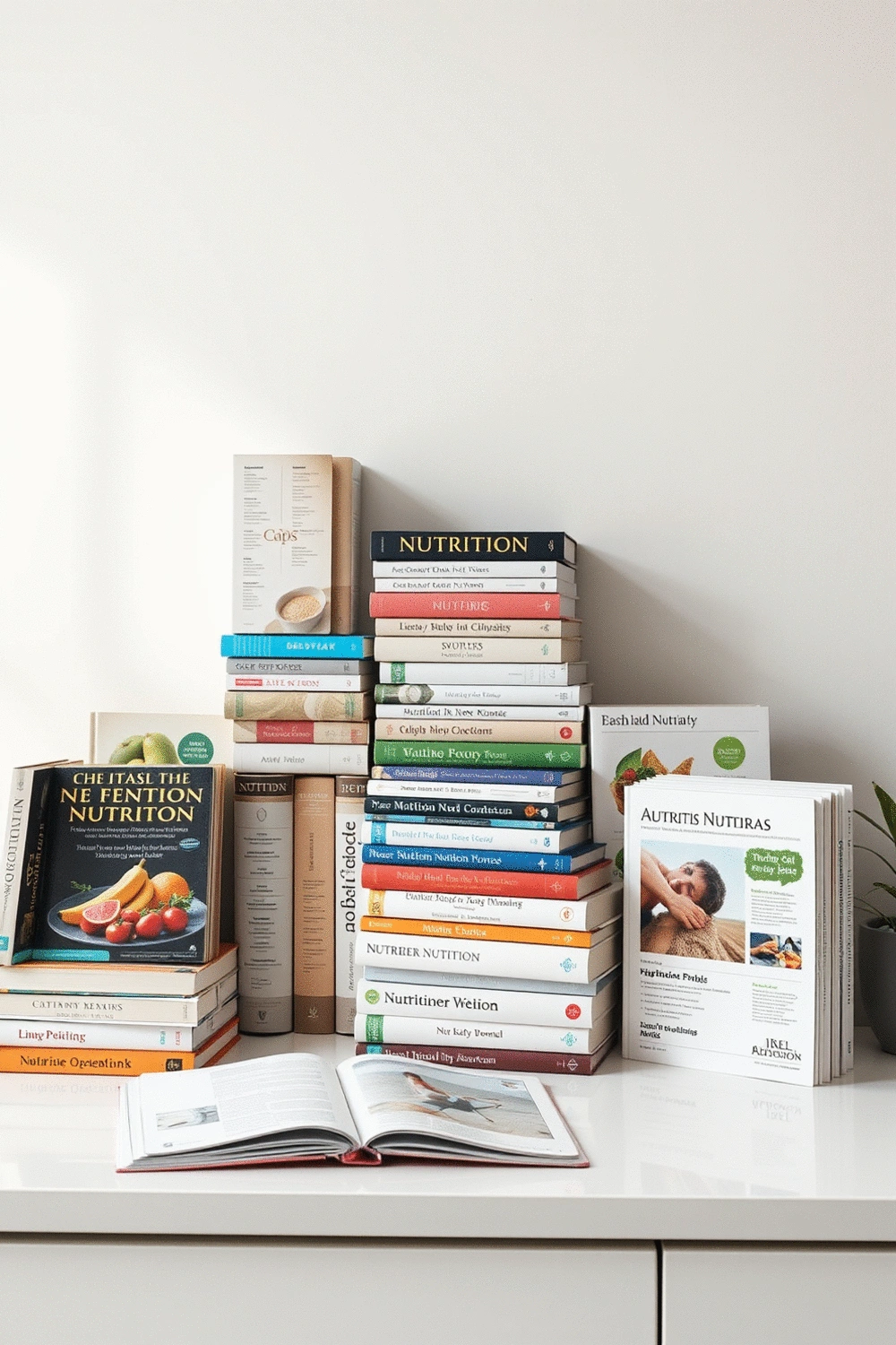 Arrangement of diverse nutrition books and scientific journals on a clean, minimalist desk, symbolizing credible research and education