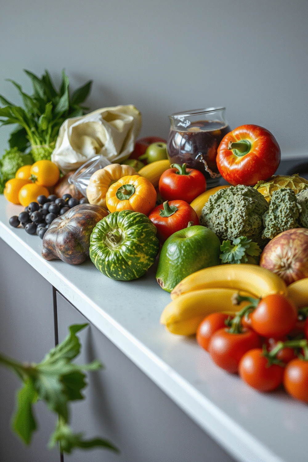 Assortment of fresh, colorful fruits and vegetables on a clean countertop, arranged aesthetically to represent a balanced diet.