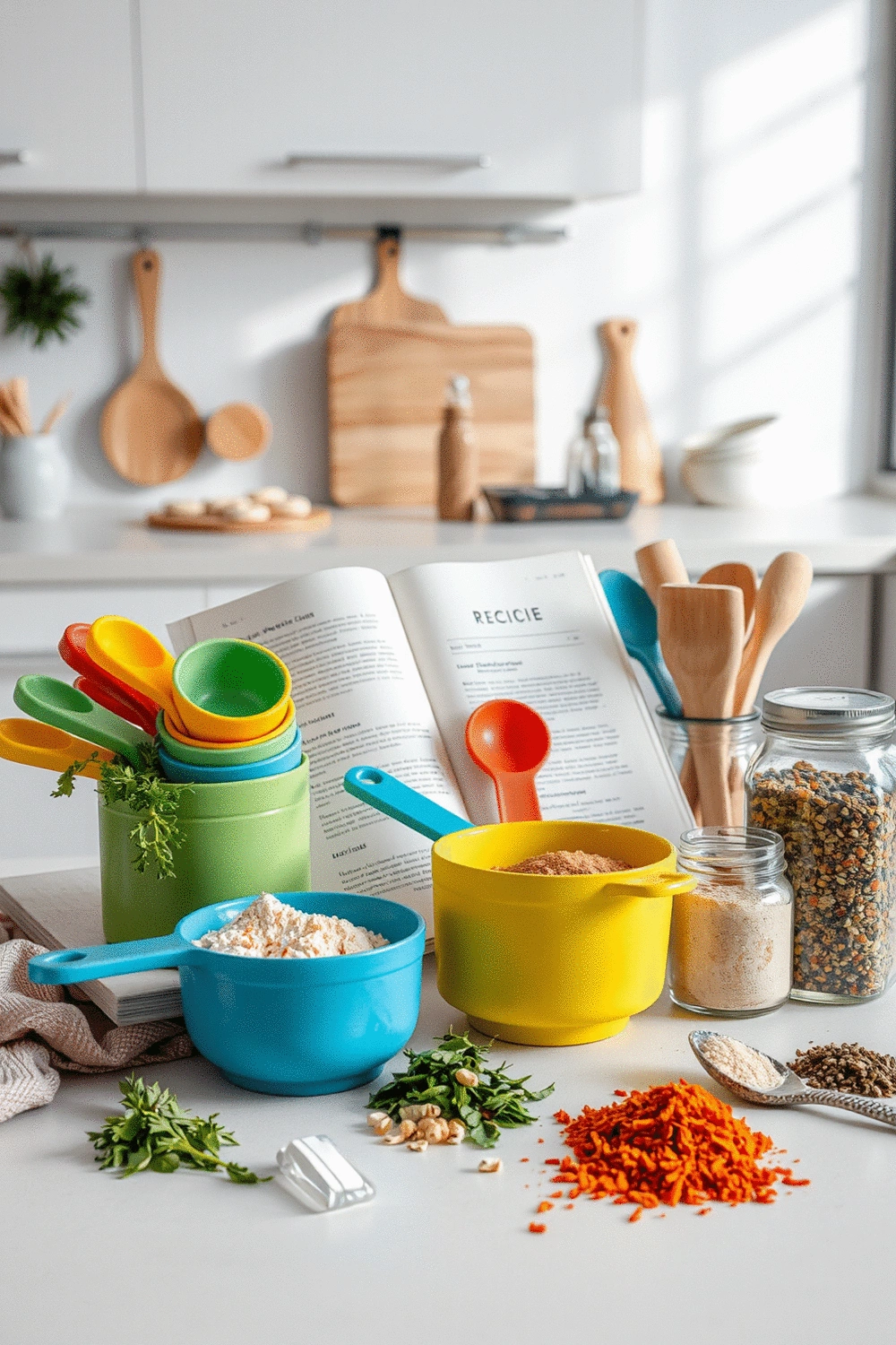 An array of colorful measuring cups and spoons, a recipe book, and various cooking ingredients like spices and herbs, neatly organized on a clean kitchen counter, suggesting meal preparation and experimentation.