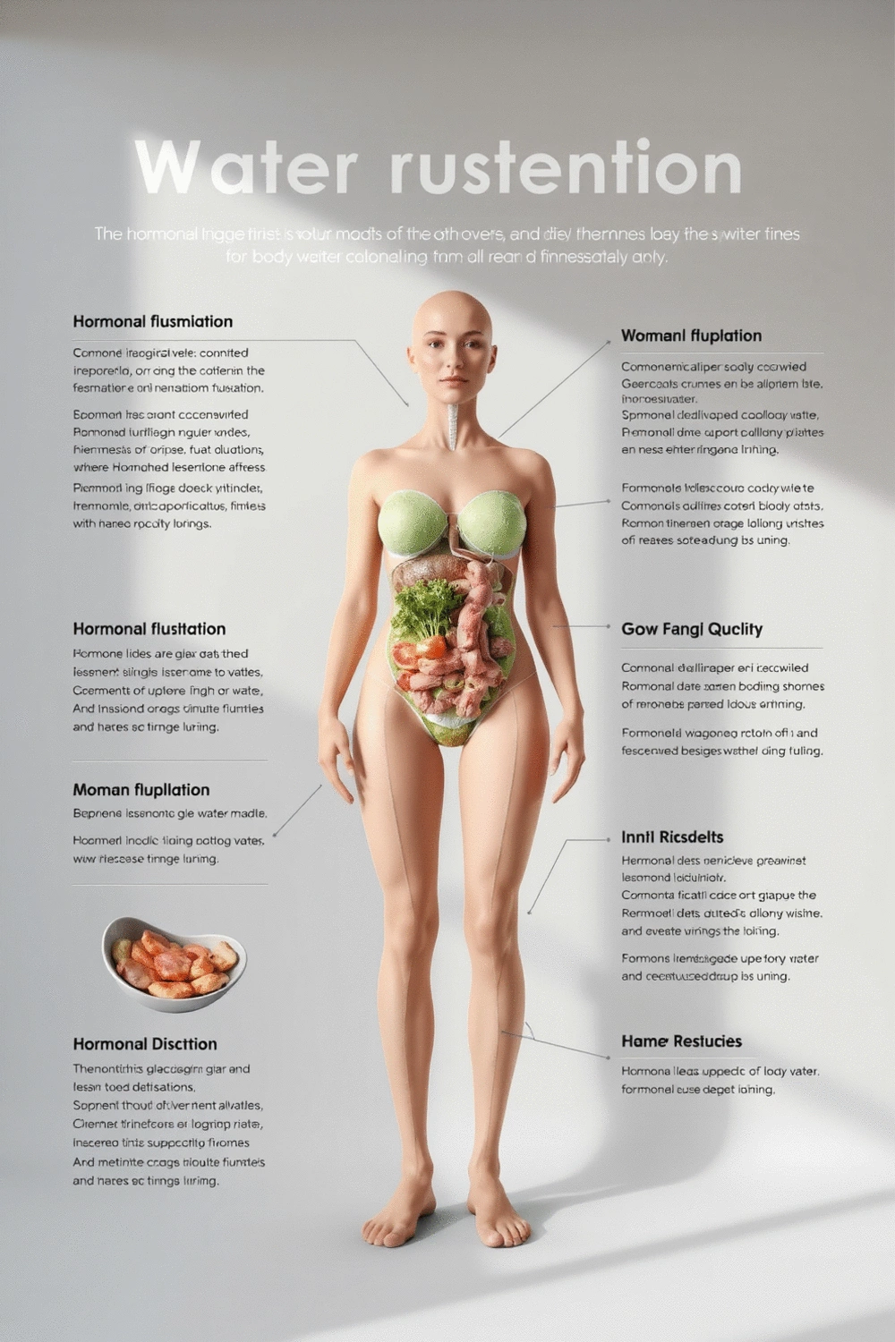 Scientific diagram illustrating hormonal fluctuations and their impact on water retention in a woman's body, alongside a healthy diet plan for fitness.