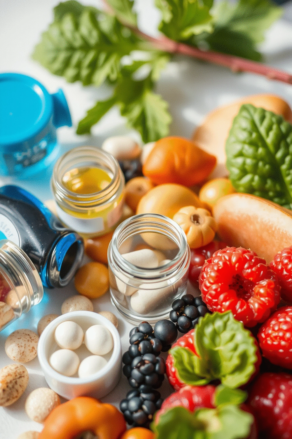 Close-up of various vitamin and mineral supplements in small, clear containers, alongside a selection of brightly colored berries and leafy greens.