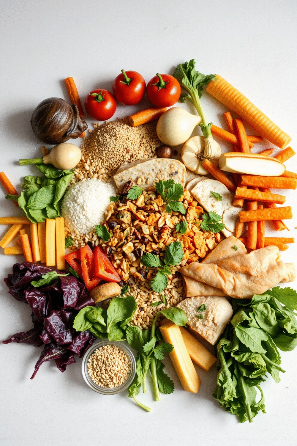 A diverse group of healthy food items arranged in a circle, representing community and shared wellness goals.