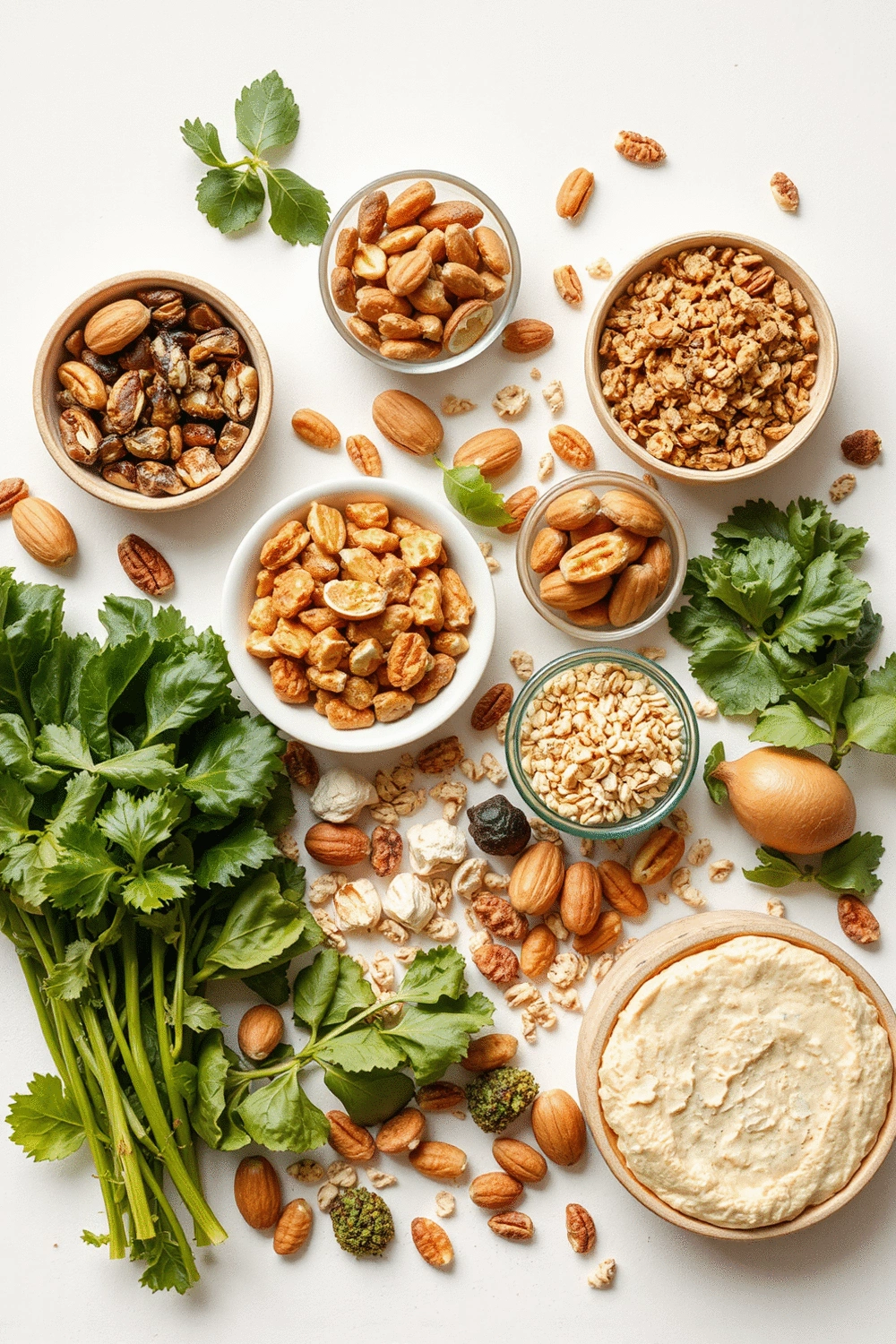 Flat lay of various nutrient-rich foods: leafy greens, nuts, fortified cereals, and lean protein sources arranged aesthetically on a light background.