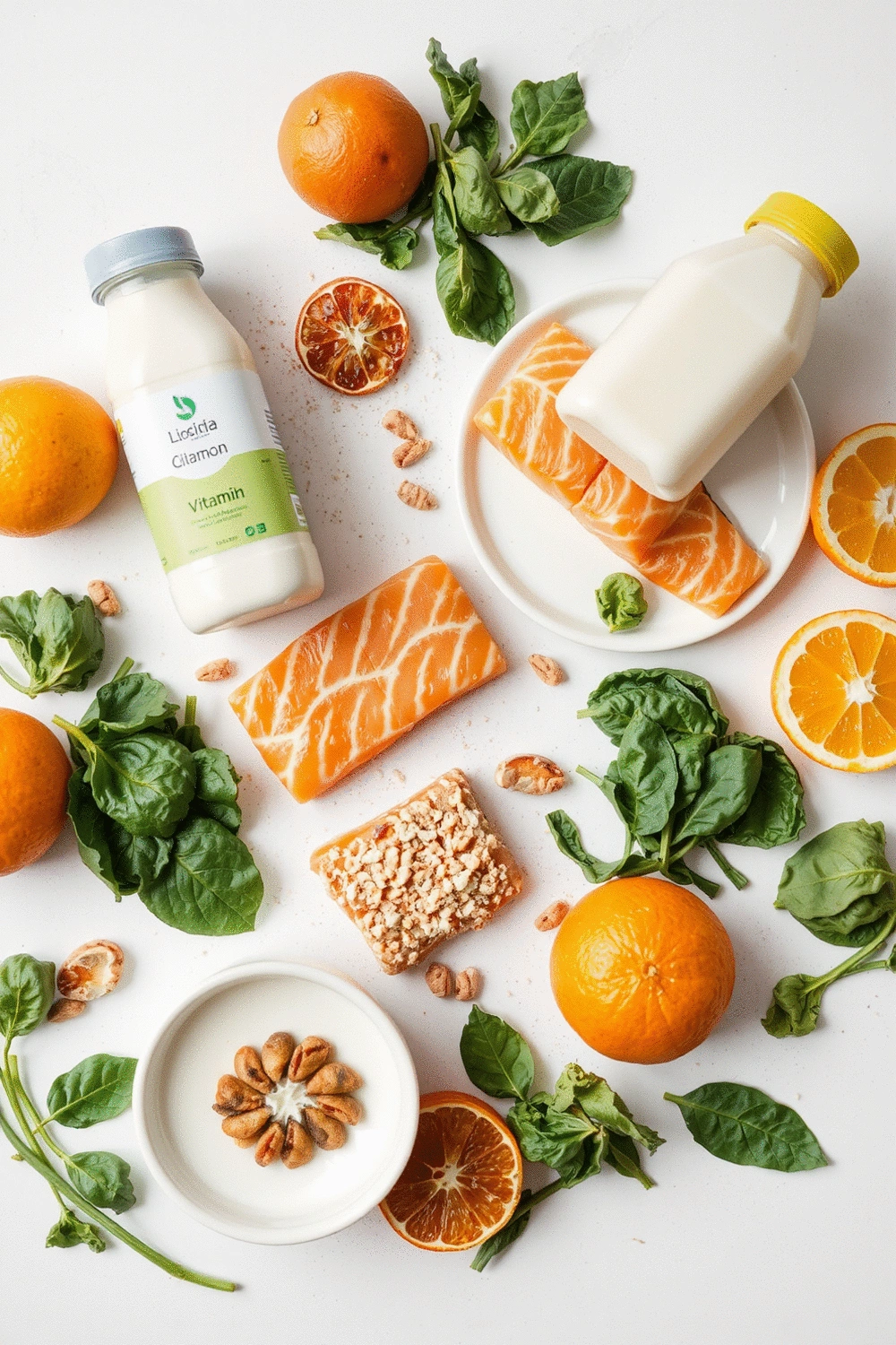 A flat lay of various food items rich in calcium, vitamin D, and iron, such as fortified milk, salmon, spinach, and oranges, against a light background.