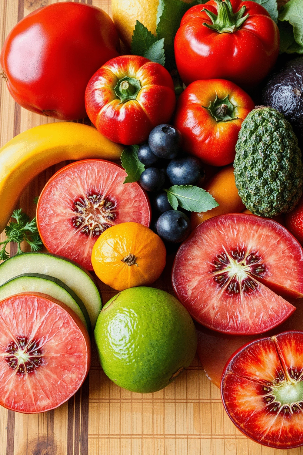 Close-up of fresh, vibrant fruits and vegetables arranged artfully on a wooden cutting board, emphasizing healthy food choices