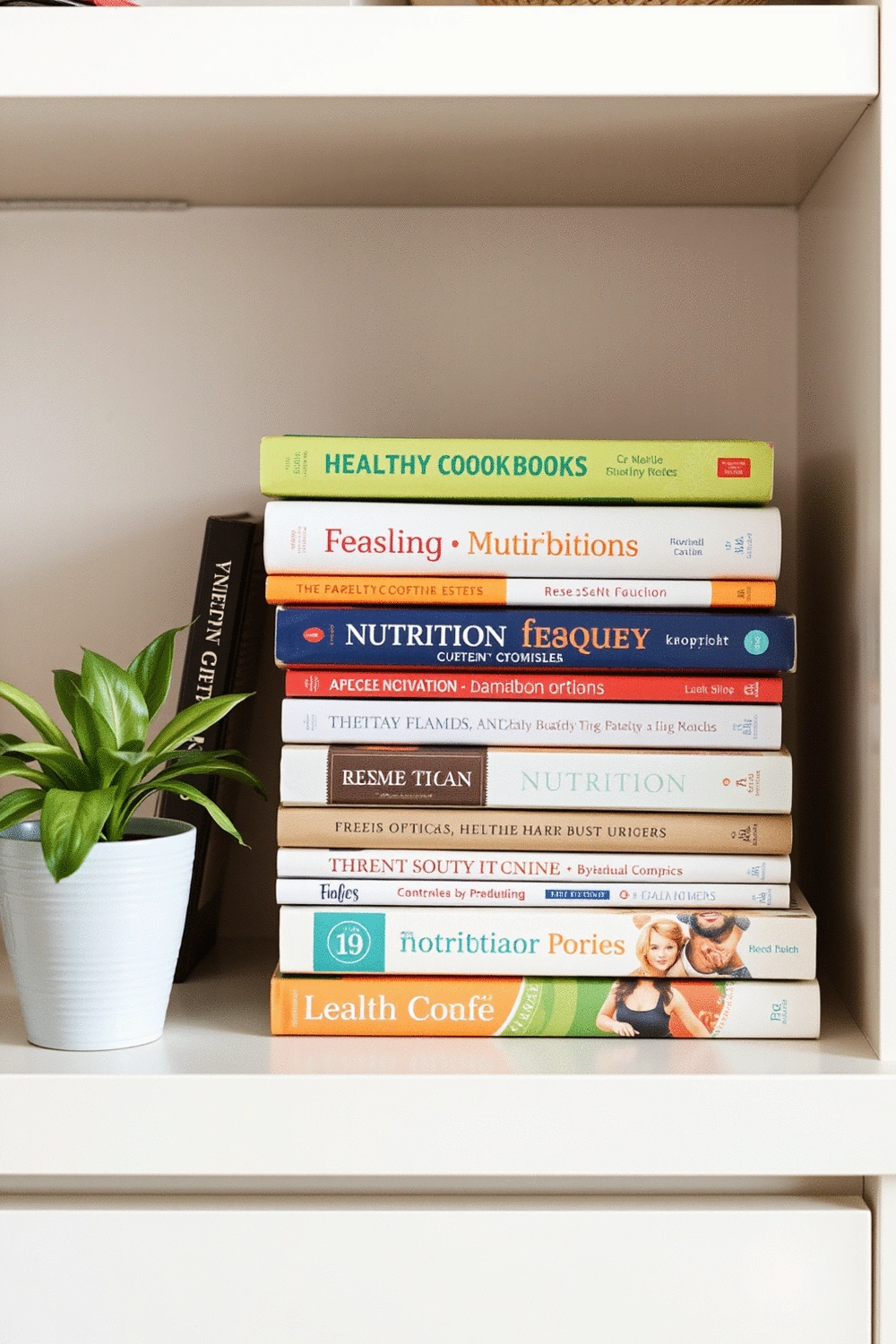 A collection of healthy cookbooks and nutrition guides neatly stacked on a shelf, with a small potted plant nearby, suggesting learning and growth in a serene setting.