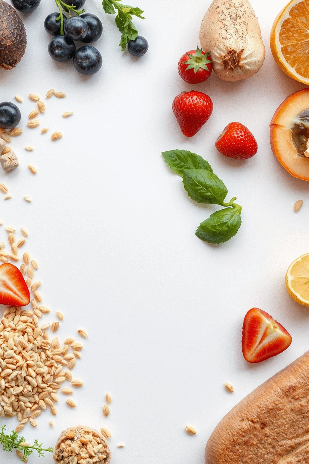 Flat lay of various healthy carbohydrate sources like whole grains, fruits, and vegetables on a clean background