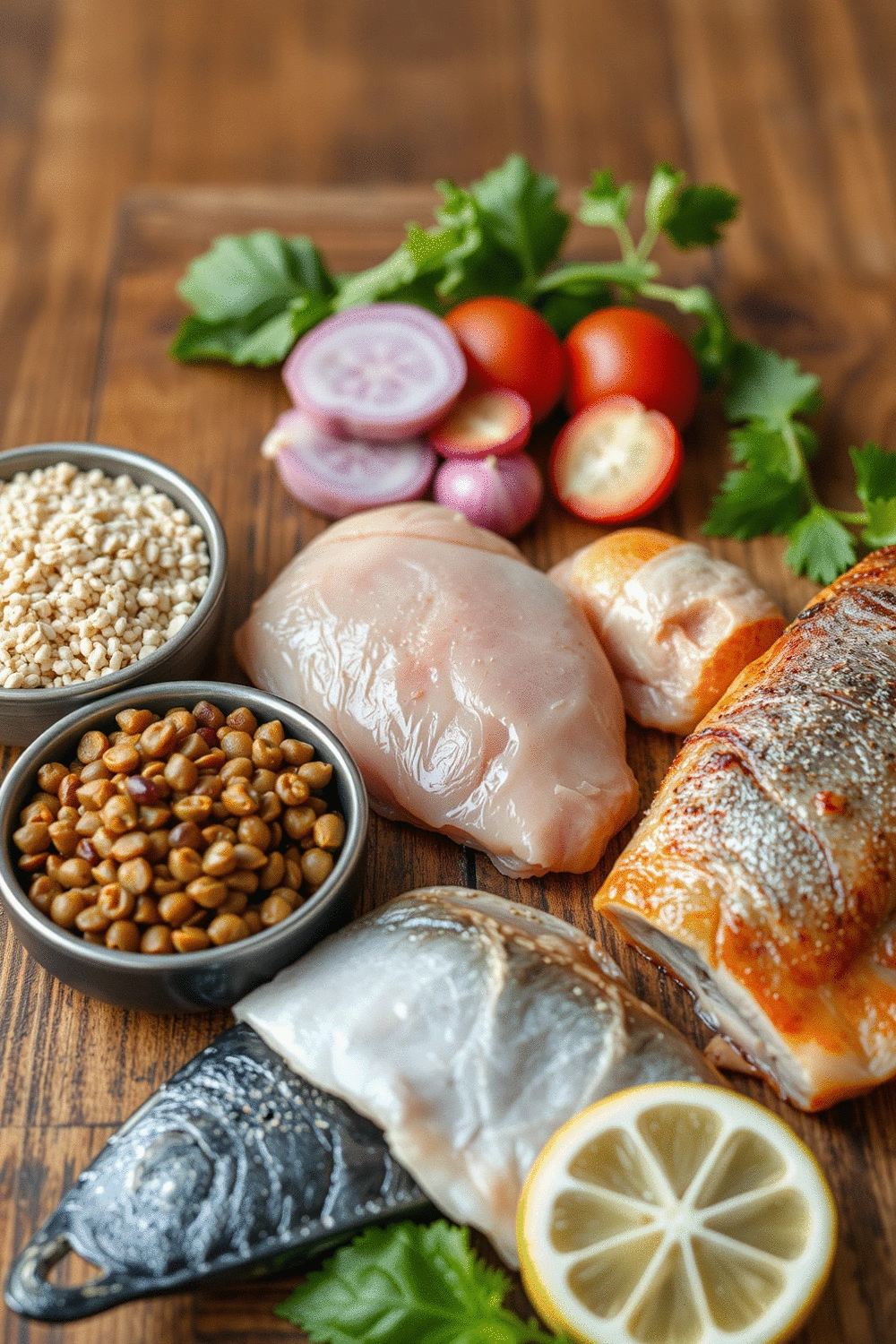 A variety of high-quality protein sources arranged aesthetically on a wooden table, including lean chicken breast, a piece of fish, lentils in a bowl, and quinoa