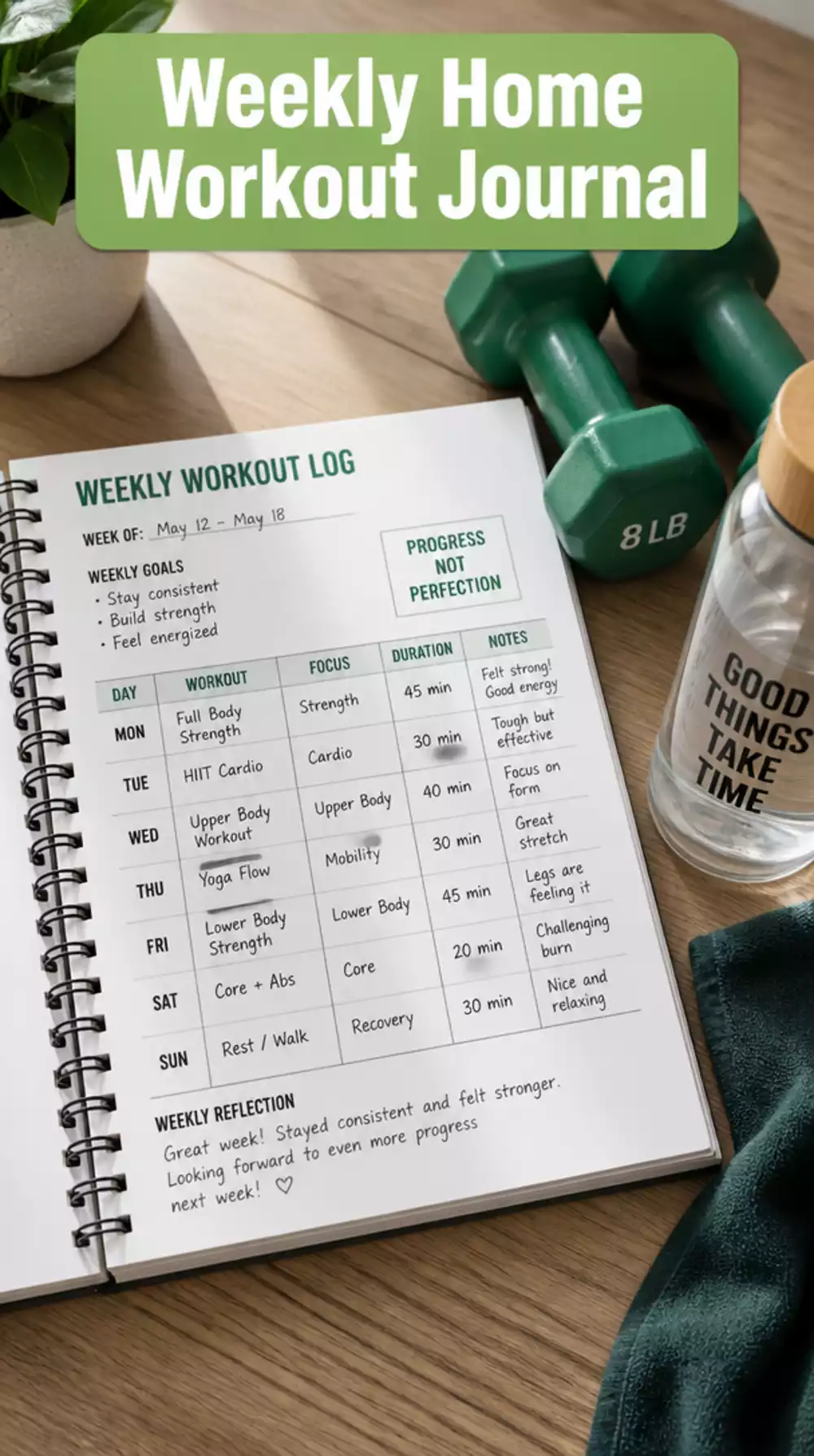 Weekly Home Workout Progress Journal That Logs Every Completed Session