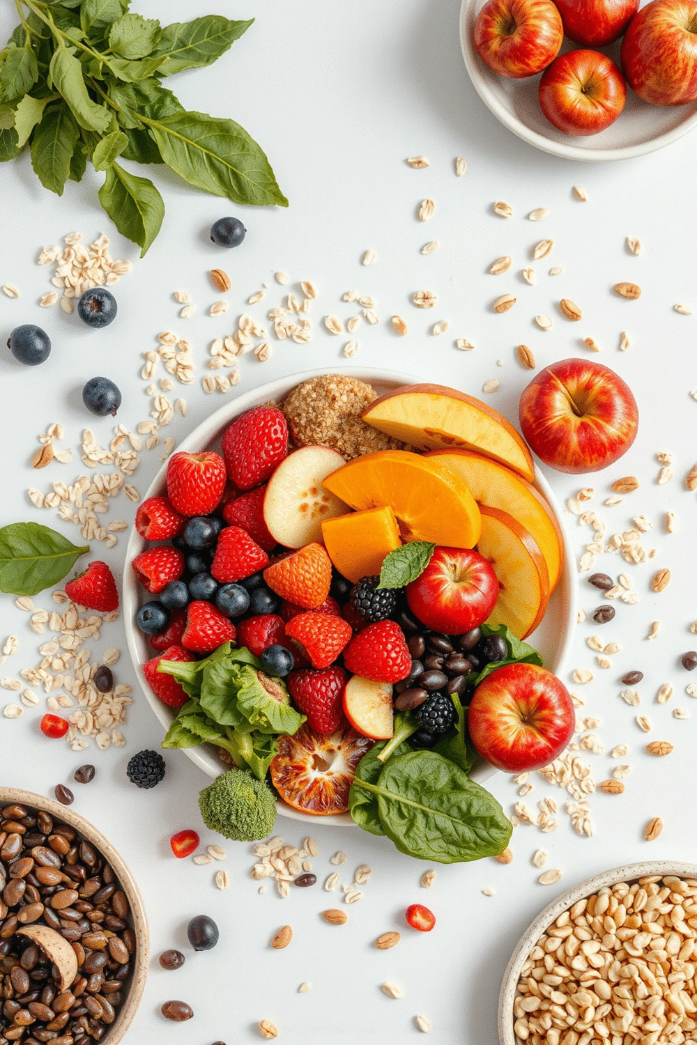 A colorful flat lay of various fiber-rich foods, including fresh fruits like berries and apples, vegetables such as broccoli and spinach, whole grains like oats and quinoa, and legumes like lentils and black beans.