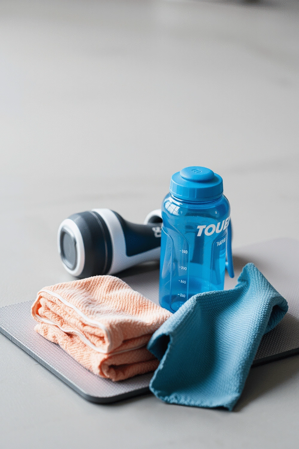 A still life composition of fitness equipment, a water bottle, and a small towel, symbolizing hydration and athletic performance.
