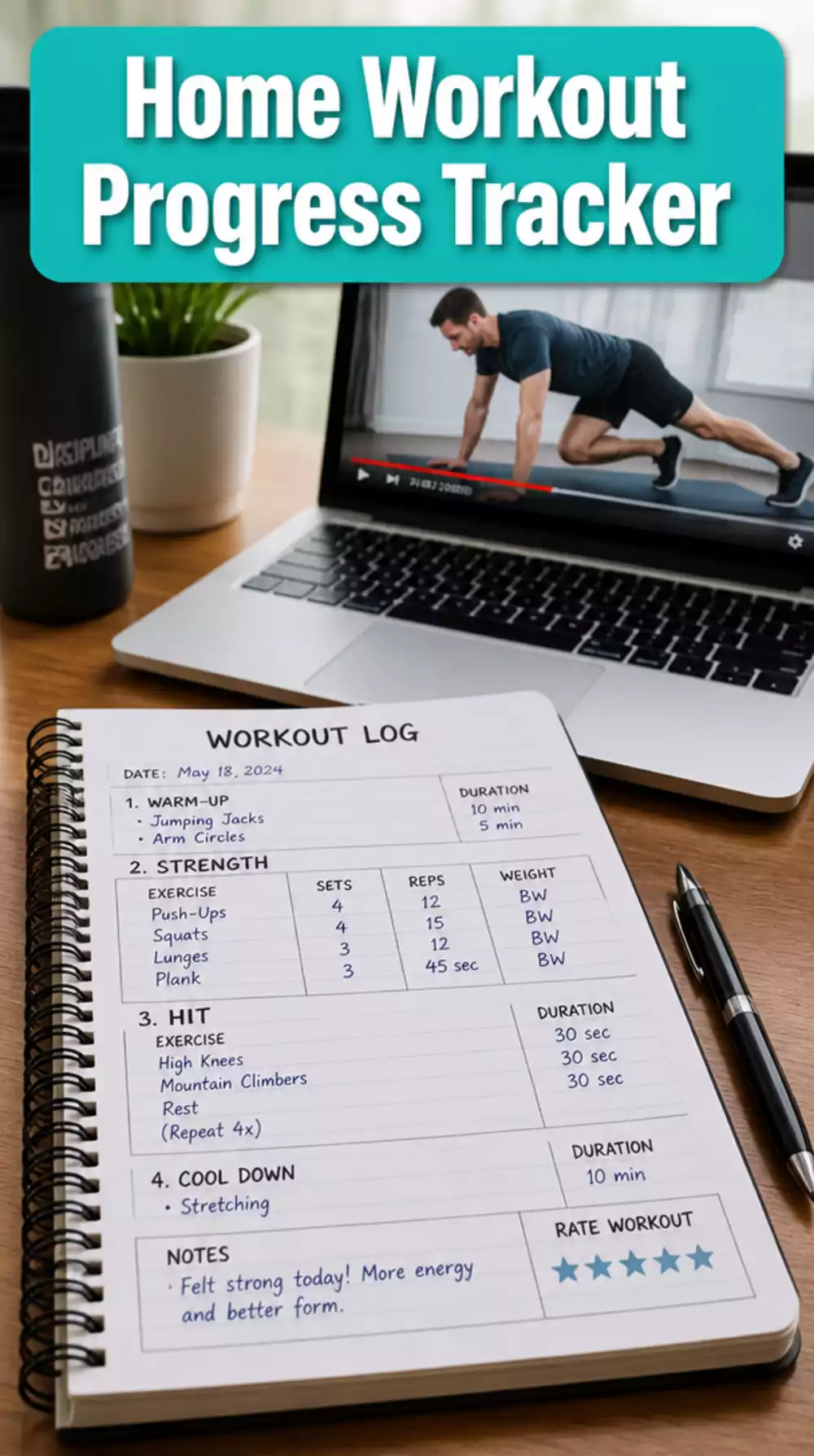 Home Workout Printable Progress Tracker That Logs Reps and Sets Daily