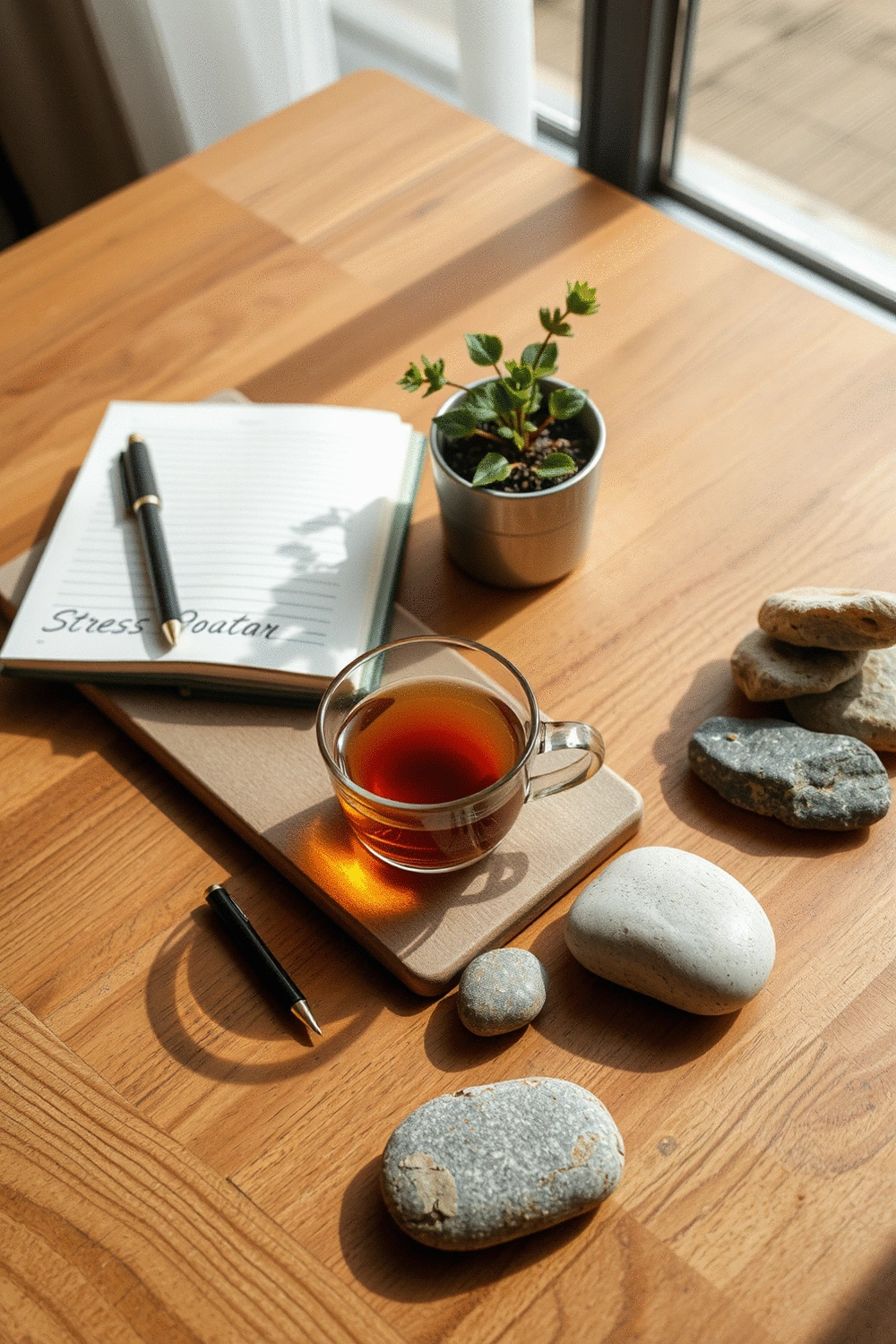 Still life arrangement of stress-reducing objects: a cup of herbal tea, a journal and pen, a small potted plant, and smooth river stones on a wooden table.