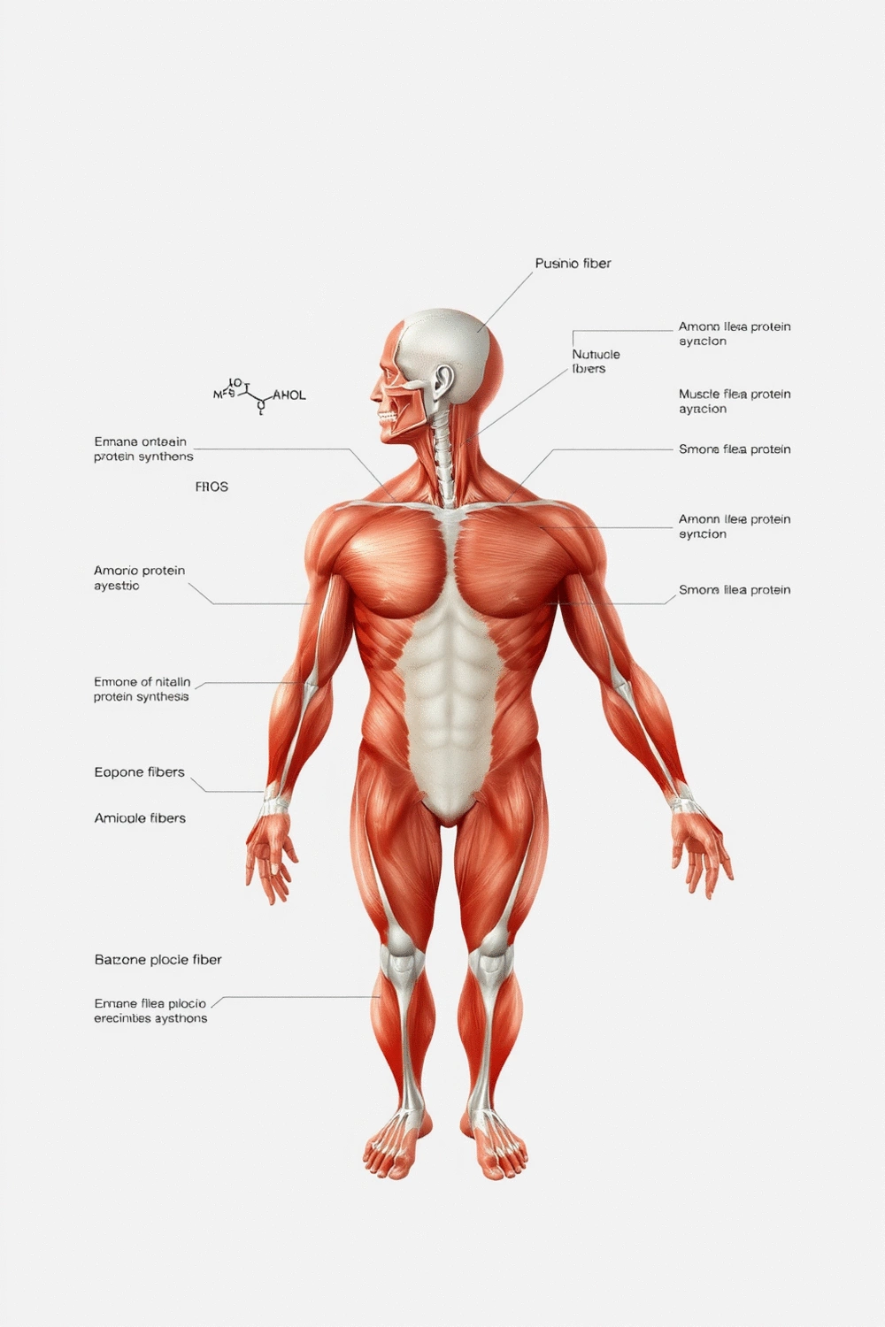 Scientific diagram illustrating muscle protein synthesis with amino acids and muscle fibers