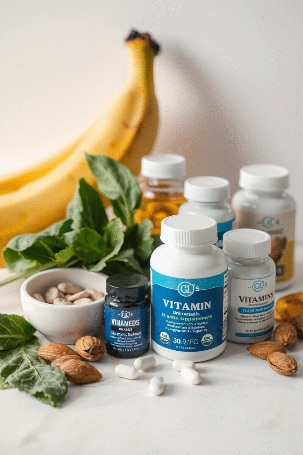 Still life of various vitamins and mineral supplements, along with a few whole food ingredients like spinach and nuts, representing essential nutrients for women's health.