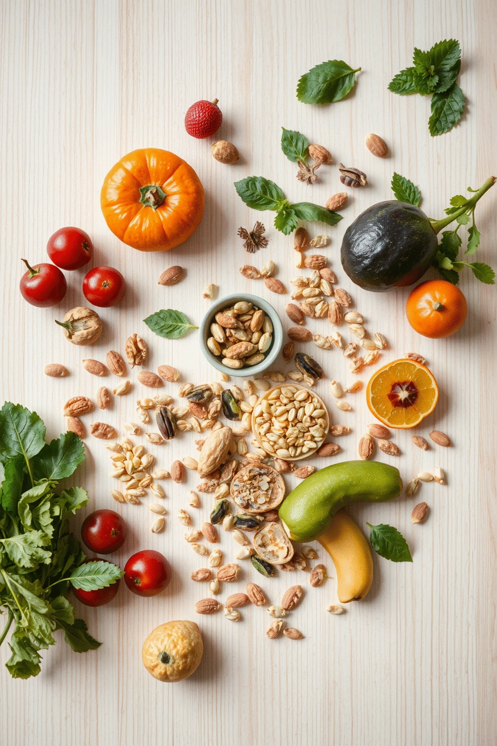 Stylized flat lay of various fresh fruits, vegetables, nuts, and seeds arranged on a clean, light-colored wooden surface, representing healthy food options.